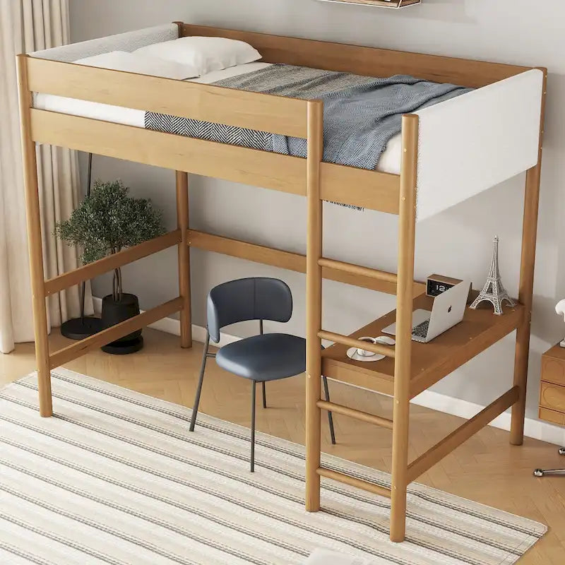Cama alta de caucho natural con tapizado color crema y escritorio integrado