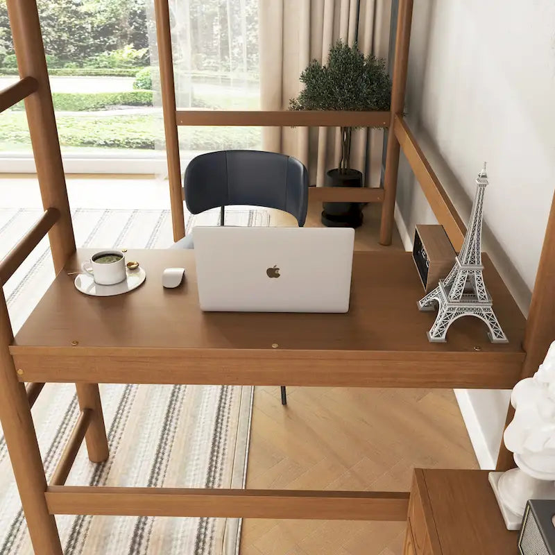 Natural Rubberwood Loft Bed with Cream Upholstery and Built-In Desk