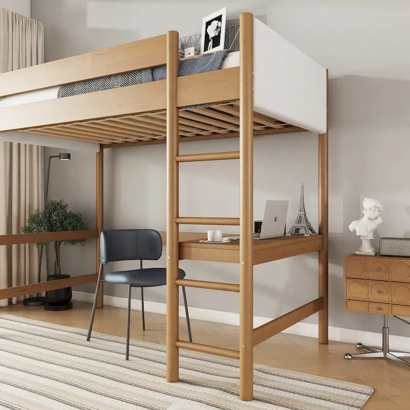 Natural Rubberwood Loft Bed with Cream Upholstery and Built-In Desk
