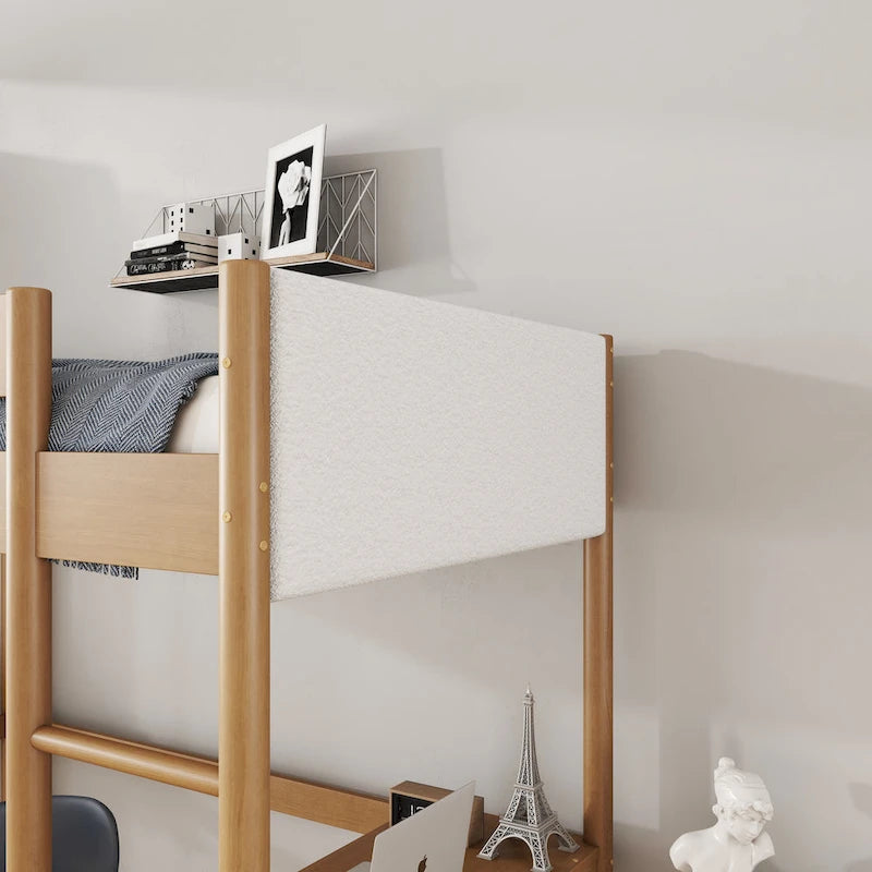 Natural Rubberwood Loft Bed with Cream Upholstery and Built-In Desk