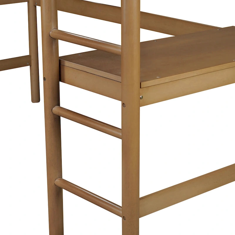 Natural Rubberwood Loft Bed with Cream Upholstery and Built-In Desk