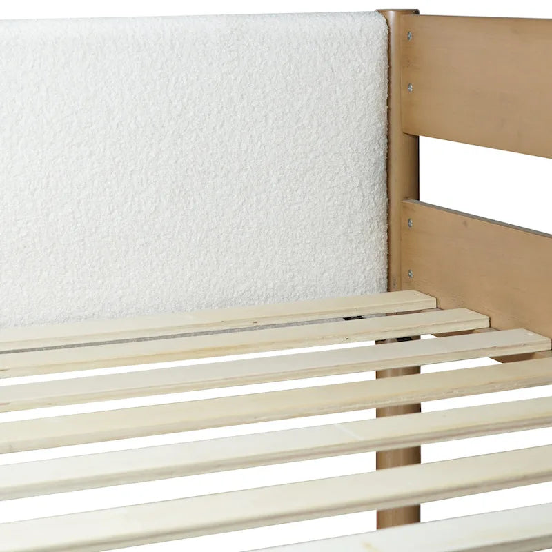 Natural Rubberwood Loft Bed with Cream Upholstery and Built-In Desk