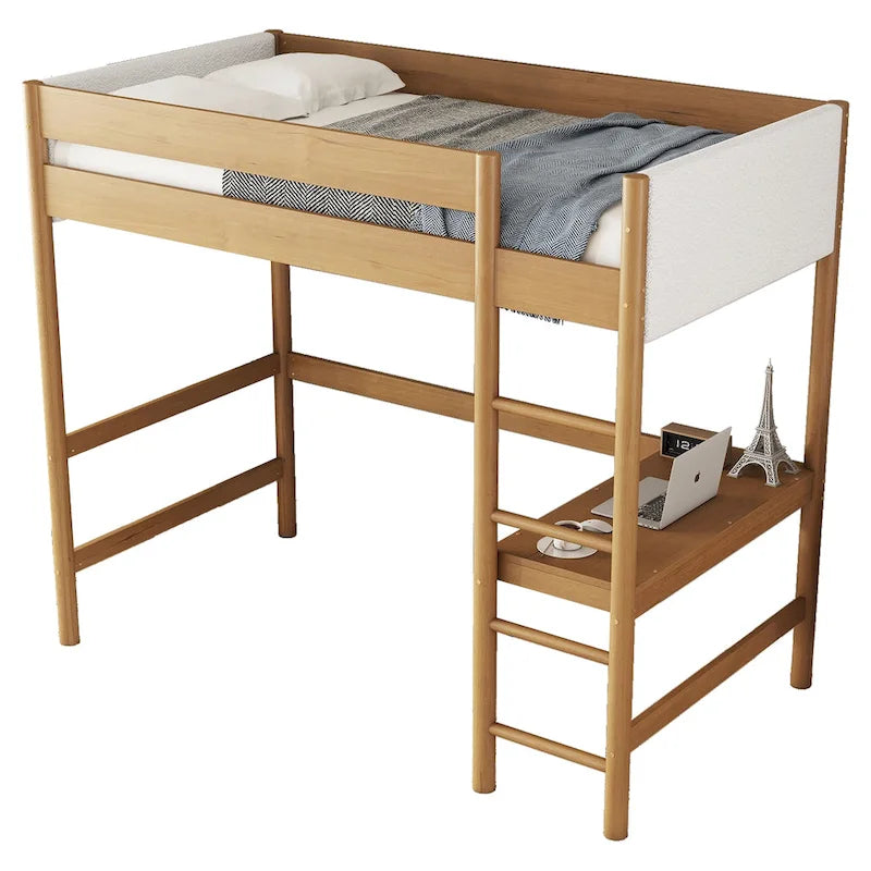 Natural Rubberwood Loft Bed with Cream Upholstery and Built-In Desk