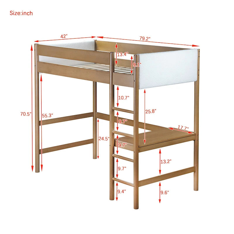 Natural Rubberwood Loft Bed with Cream Upholstery and Built-In Desk