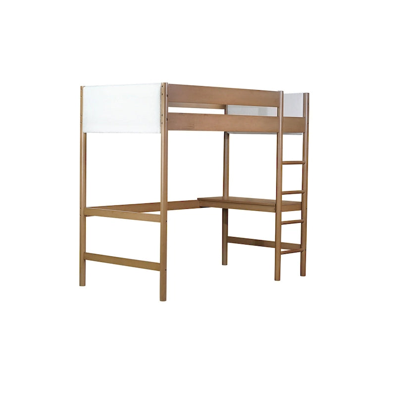 Natural Rubberwood Loft Bed with Cream Upholstery and Built-In Desk