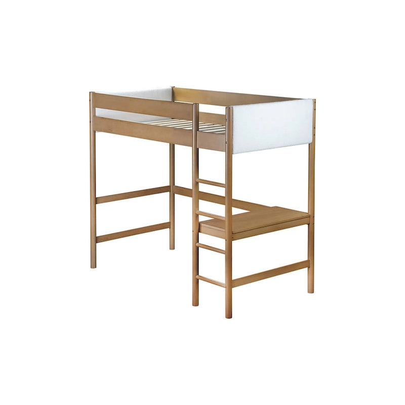 Natural Rubberwood Loft Bed with Cream Upholstery and Built-In Desk
