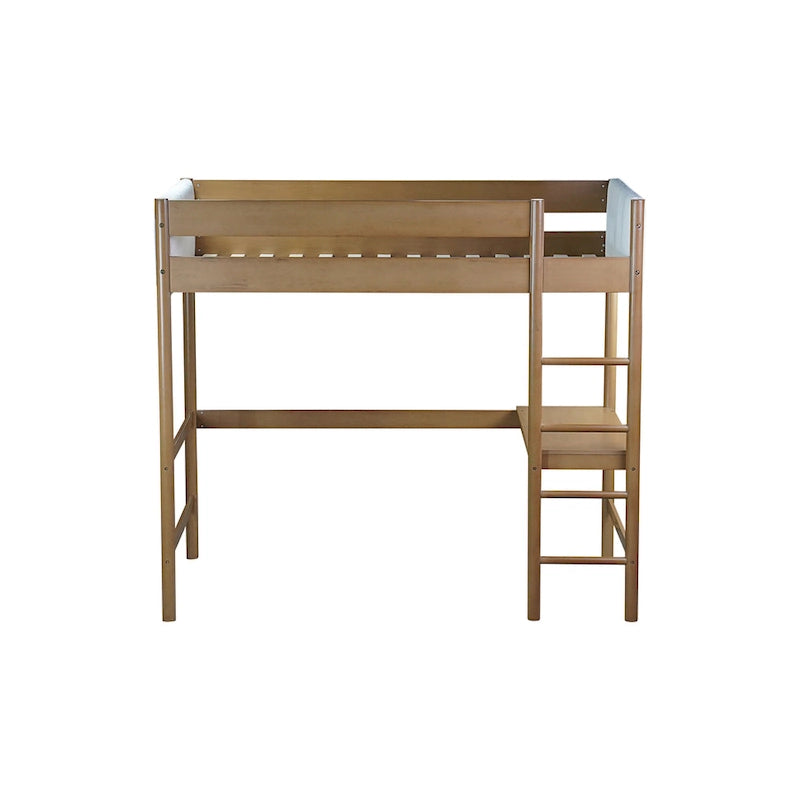Natural Rubberwood Loft Bed with Cream Upholstery and Built-In Desk