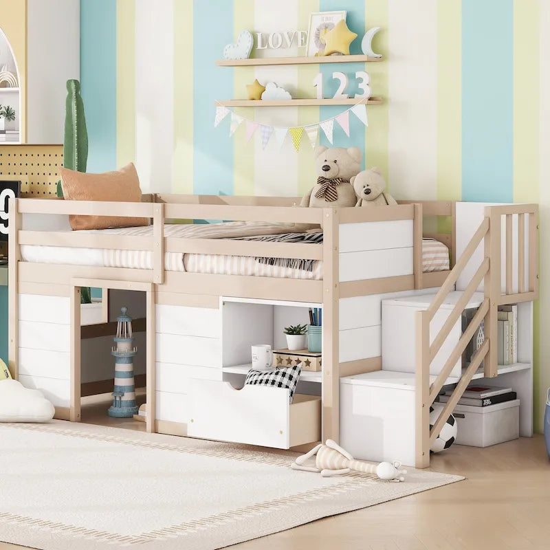 Cama baja tipo loft moderna de madera de pino con escaleras y almacenamiento