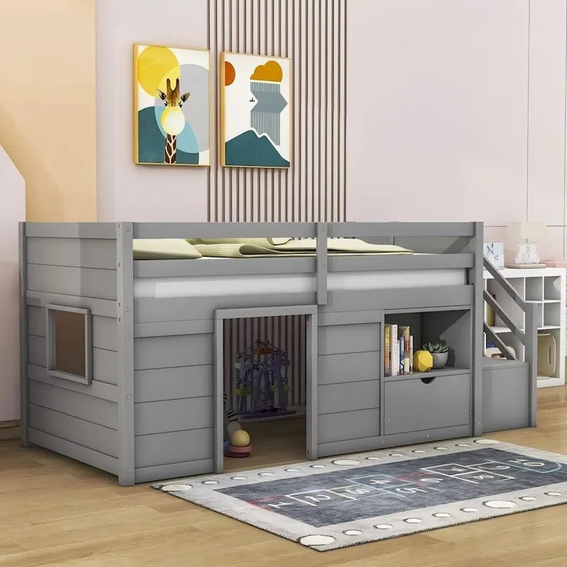 Cama baja tipo loft moderna de madera de pino con escaleras y almacenamiento