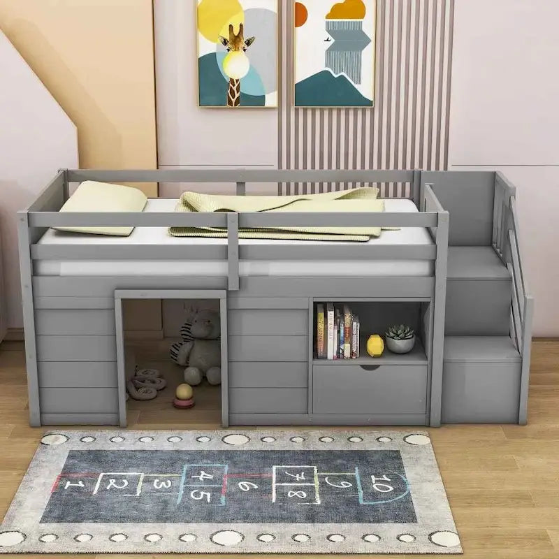 Cama baja tipo loft moderna de madera de pino con escaleras y almacenamiento