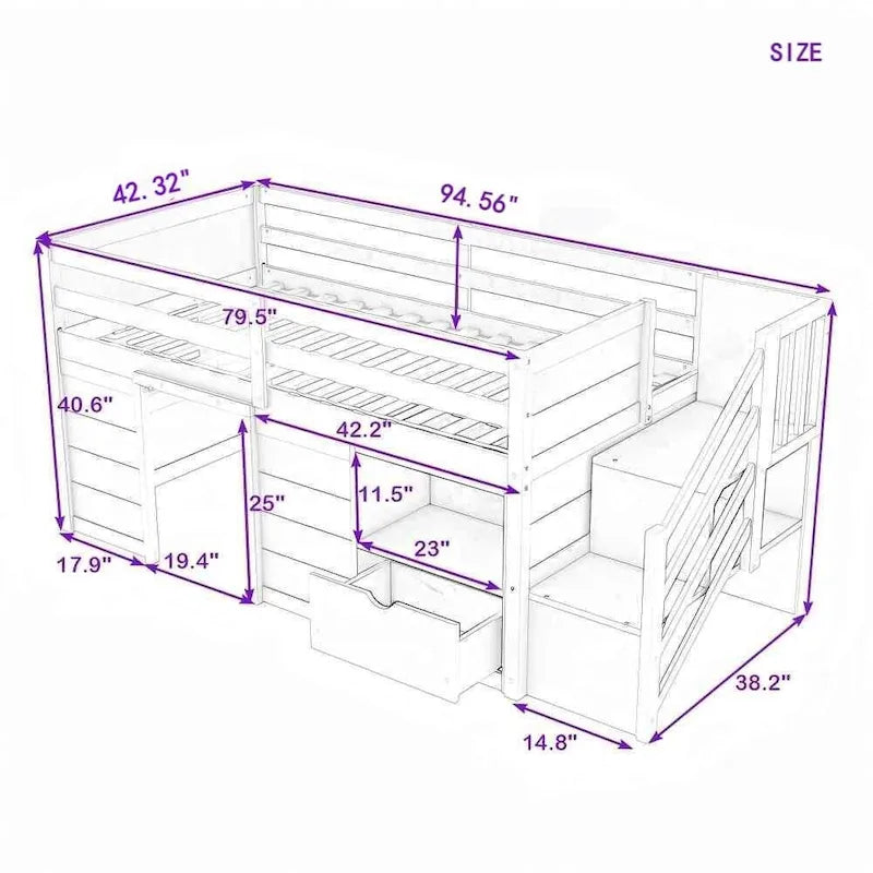 Cama baja tipo loft moderna de madera de pino con escaleras y almacenamiento