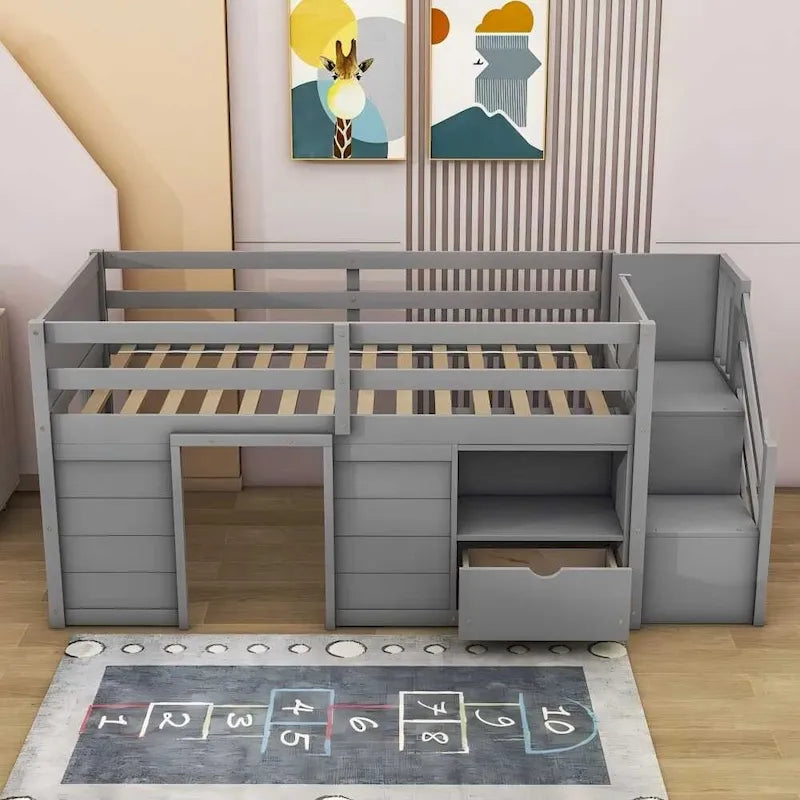 Cama baja tipo loft moderna de madera de pino con escaleras y almacenamiento
