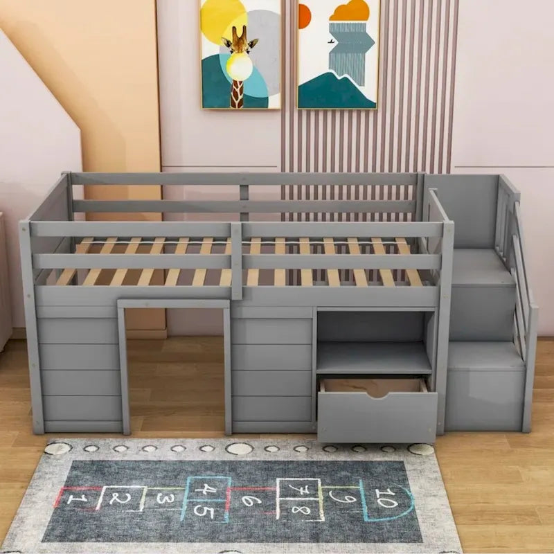 Cama baja tipo loft moderna de madera de pino con escaleras y almacenamiento