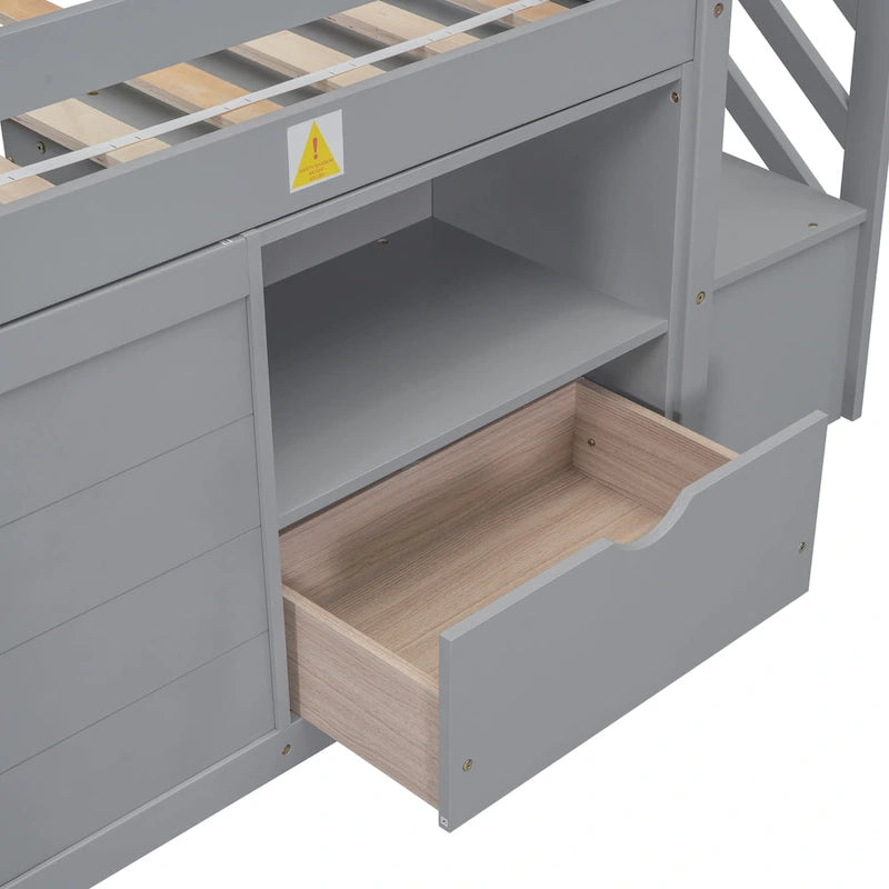 Cama baja tipo loft moderna de madera de pino con escaleras y almacenamiento