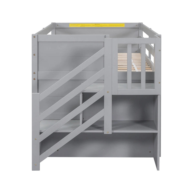 Cama baja tipo loft moderna de madera de pino con escaleras y almacenamiento