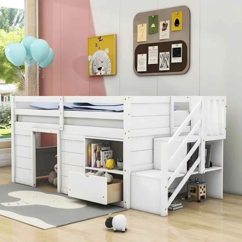 Cama baja tipo loft moderna de madera de pino con escaleras y almacenamiento