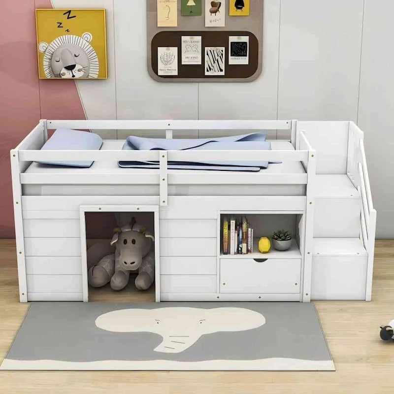 Cama baja tipo loft moderna de madera de pino con escaleras y almacenamiento