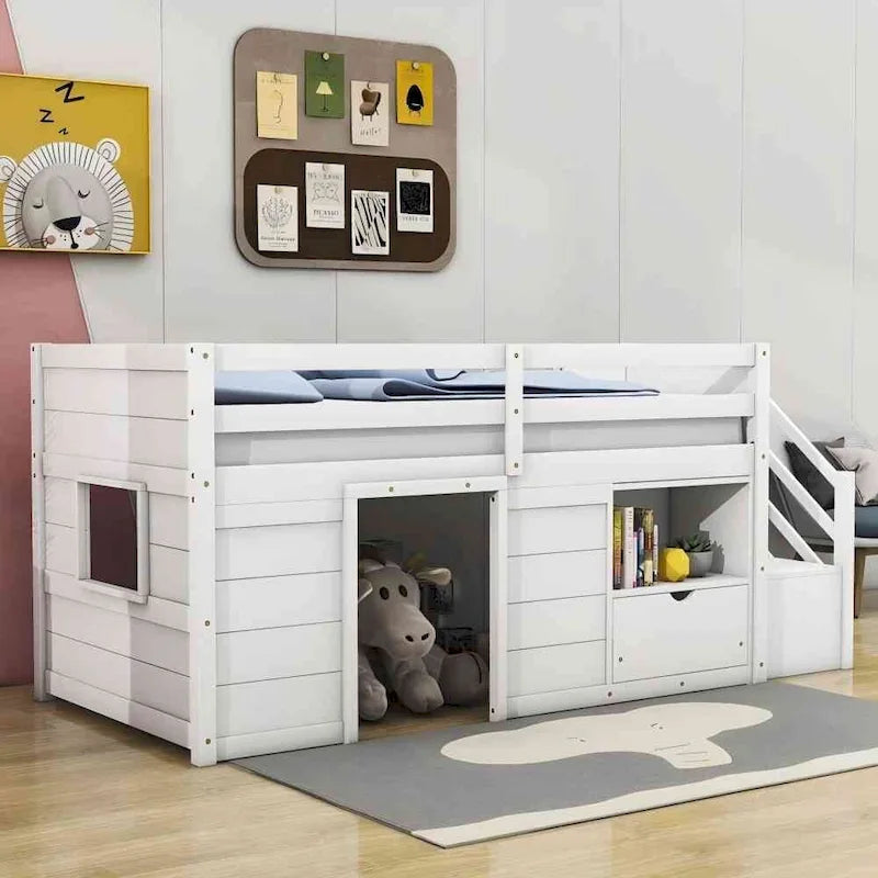 Cama baja tipo loft moderna de madera de pino con escaleras y almacenamiento