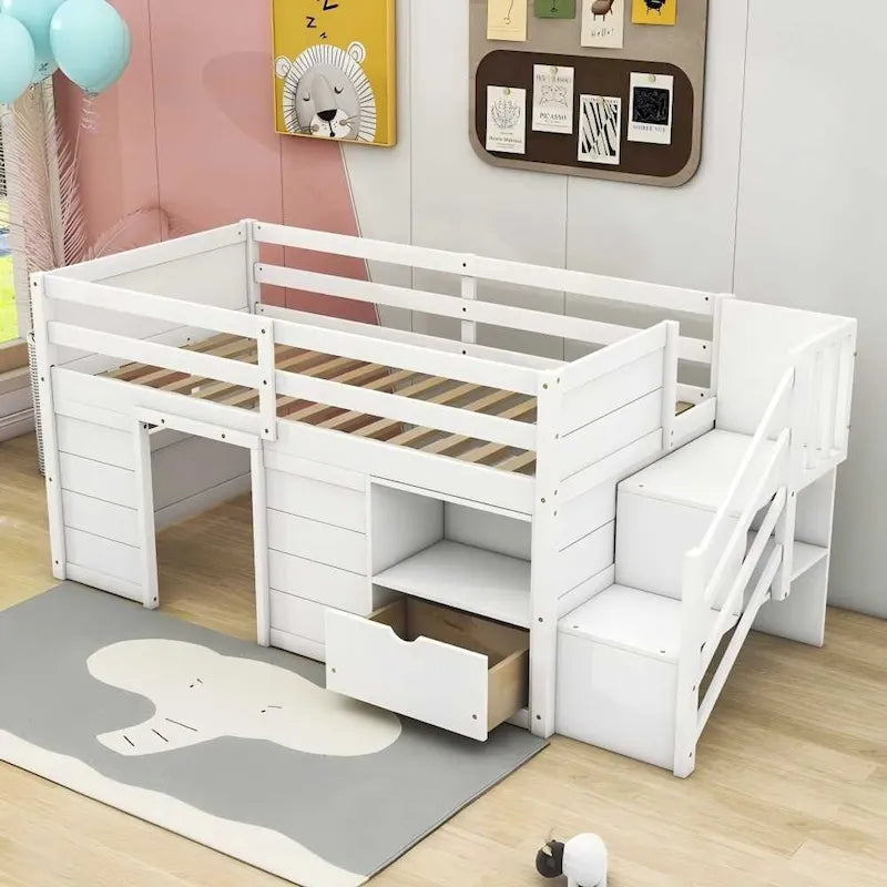 Cama baja tipo loft moderna de madera de pino con escaleras y almacenamiento
