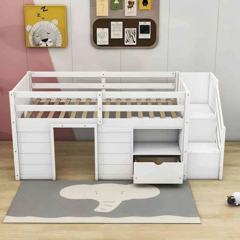 Cama baja tipo loft moderna de madera de pino con escaleras y almacenamiento
