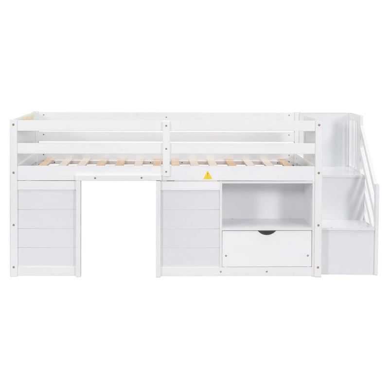 Cama baja tipo loft moderna de madera de pino con escaleras y almacenamiento