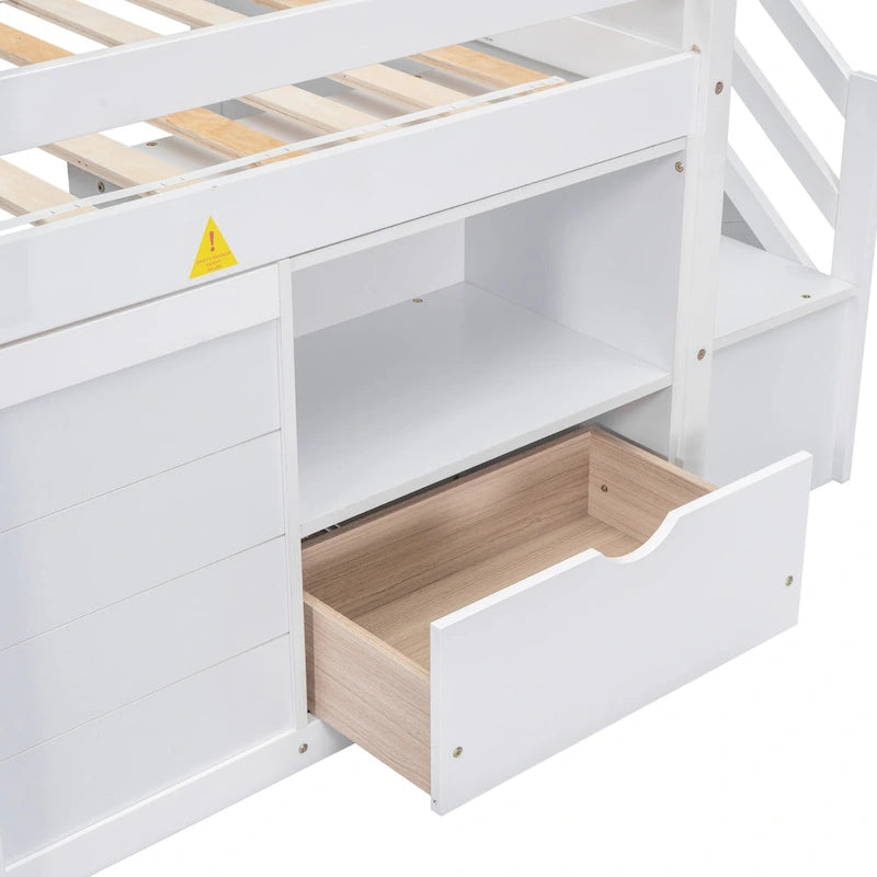 Cama baja tipo loft moderna de madera de pino con escaleras y almacenamiento