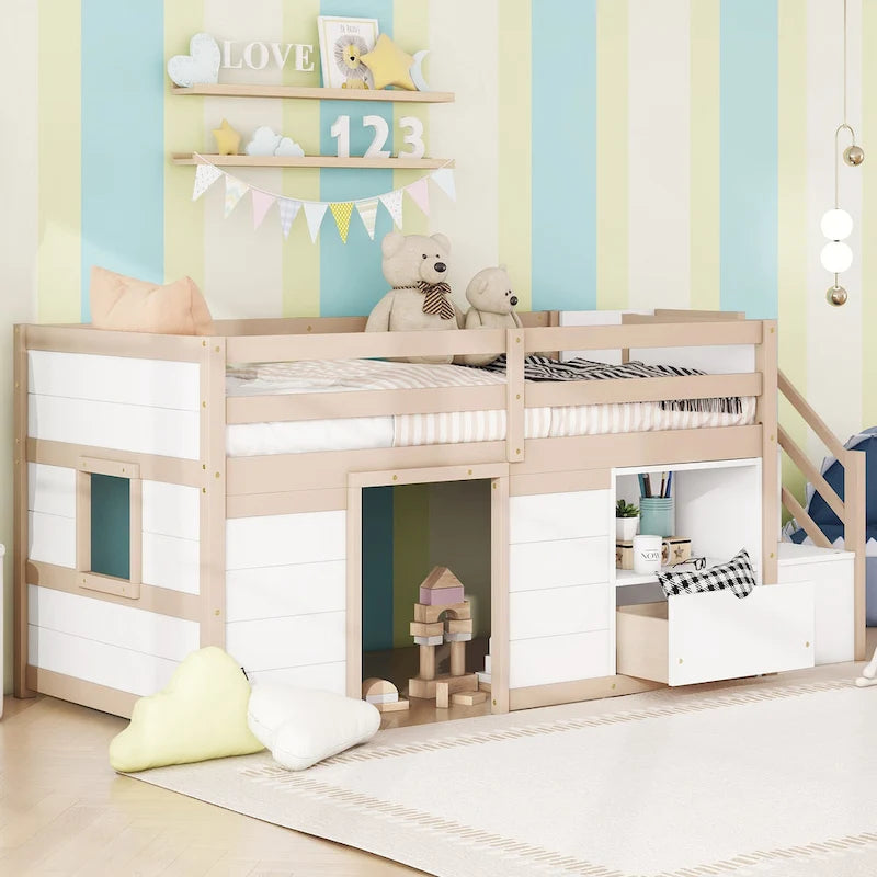 Cama baja tipo loft moderna de madera de pino con escaleras y almacenamiento