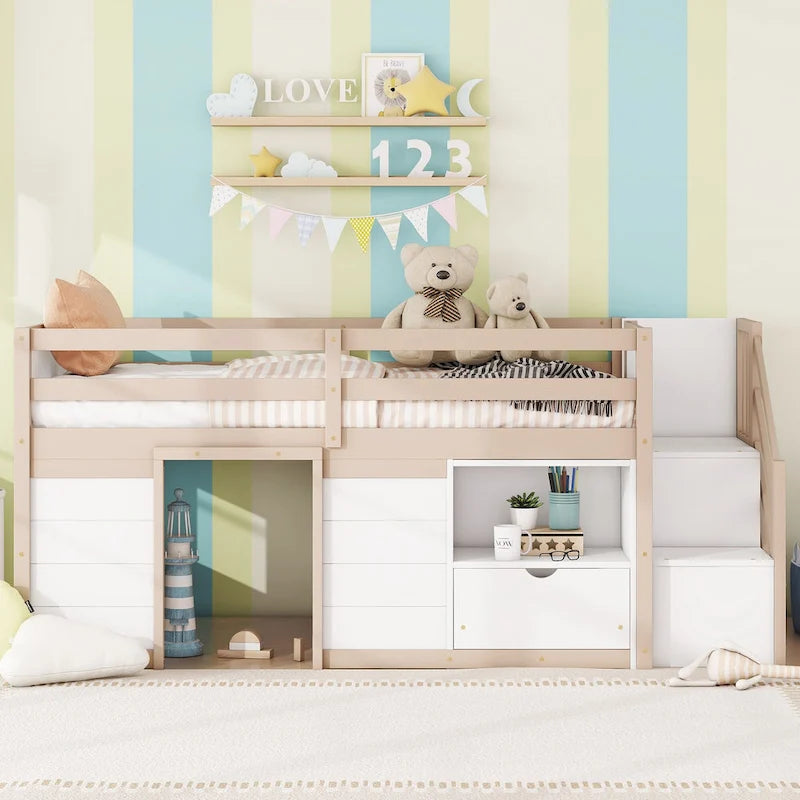 Cama baja tipo loft moderna de madera de pino con escaleras y almacenamiento