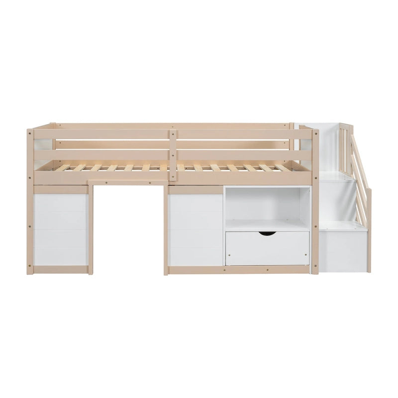 Cama baja tipo loft moderna de madera de pino con escaleras y almacenamiento