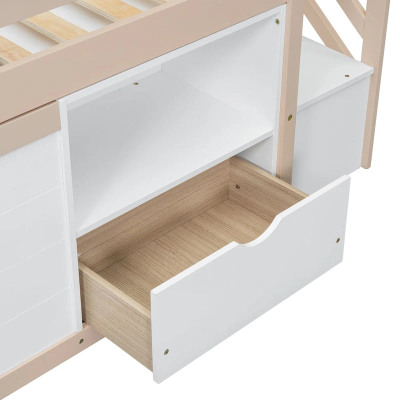 Cama baja tipo loft moderna de madera de pino con escaleras y almacenamiento