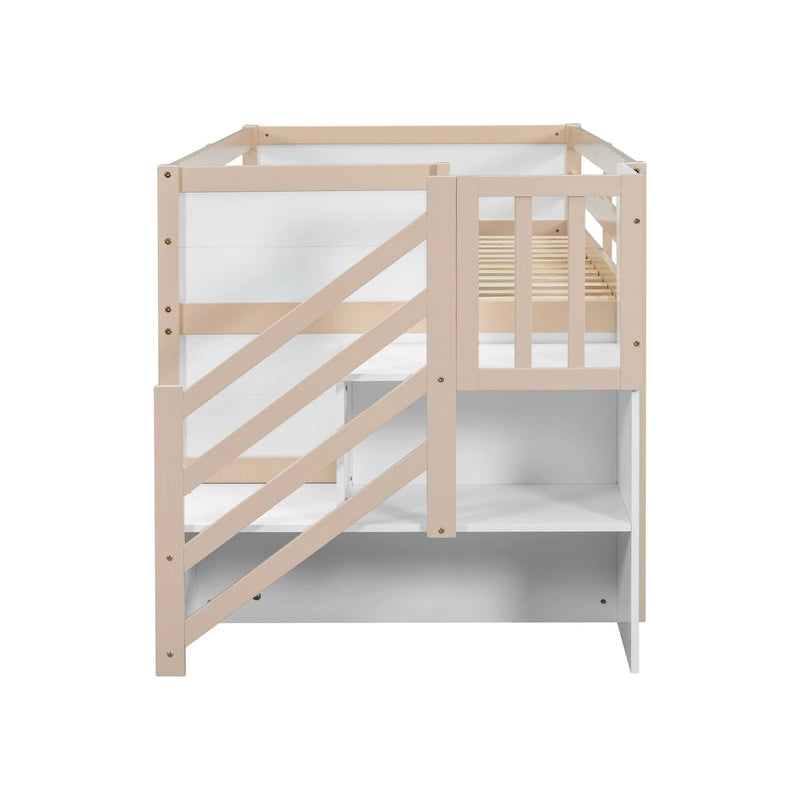 Cama baja tipo loft moderna de madera de pino con escaleras y almacenamiento