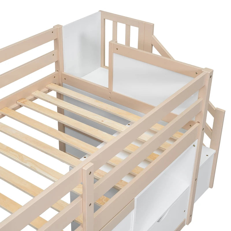 Cama baja tipo loft moderna de madera de pino con escaleras y almacenamiento