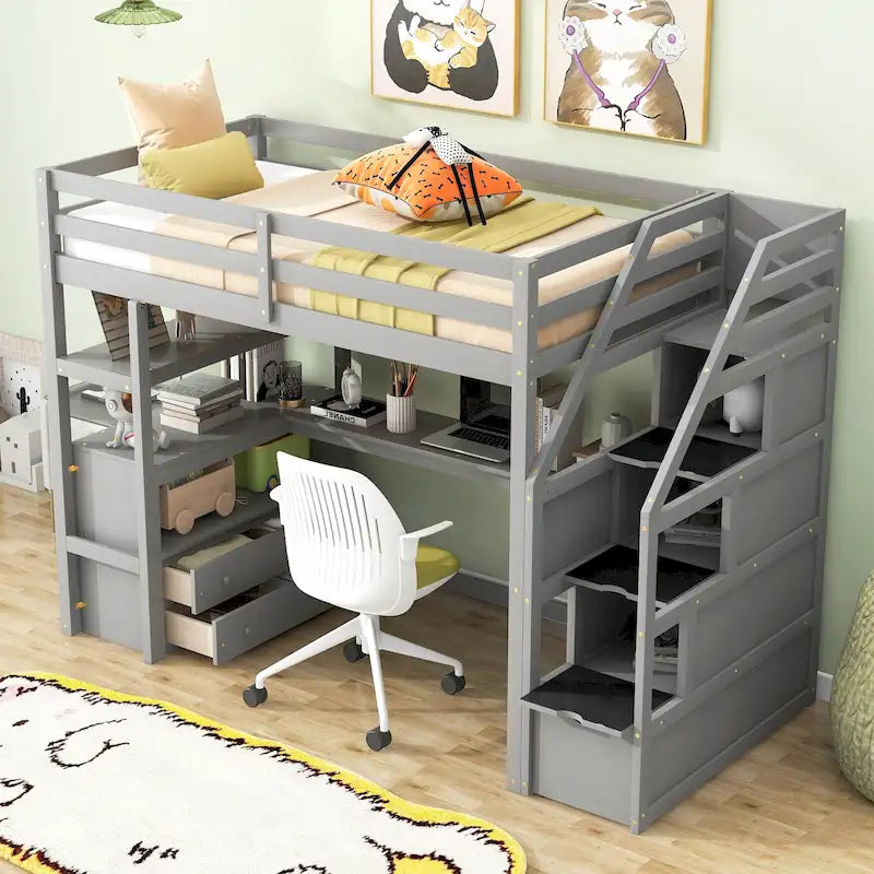 Cama alta tipo loft de madera de pino con escritorio, cajones y escaleras de almacenamiento