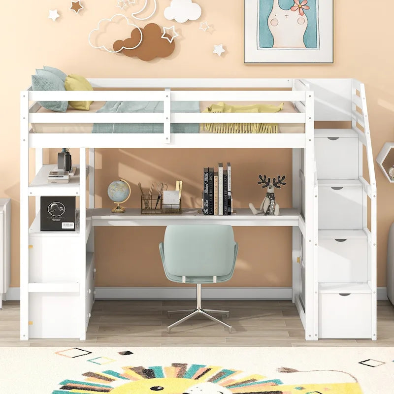 Cama alta tipo loft de madera de pino con escritorio, cajones y escaleras de almacenamiento