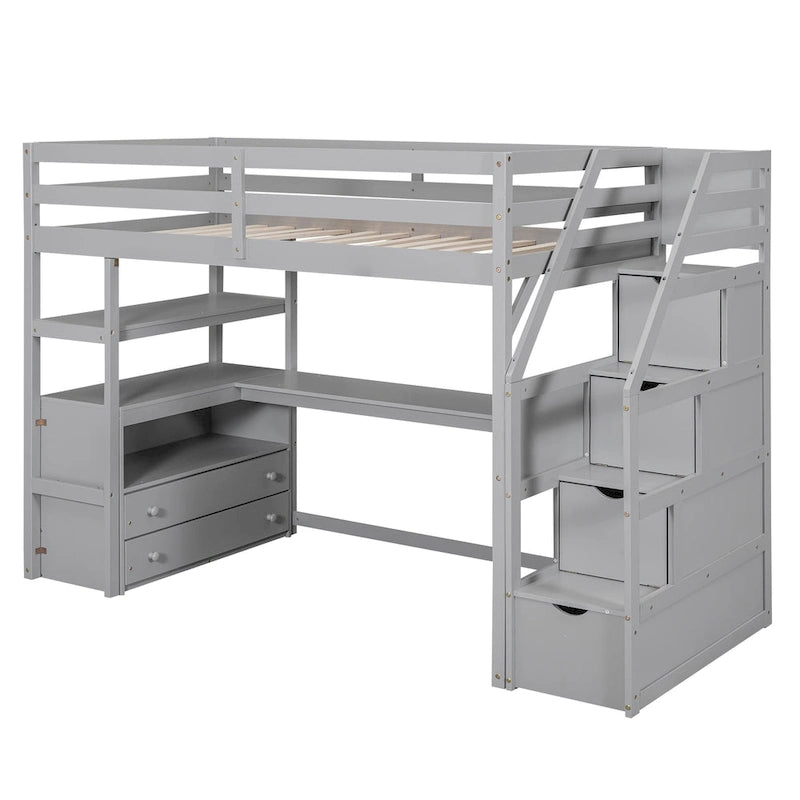 Cama alta tipo loft de madera de pino con escritorio, cajones y escaleras de almacenamiento