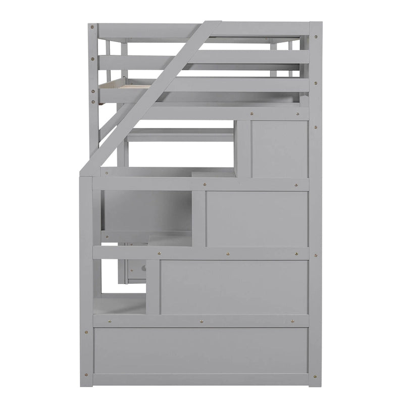 Cama alta tipo loft de madera de pino con escritorio, cajones y escaleras de almacenamiento