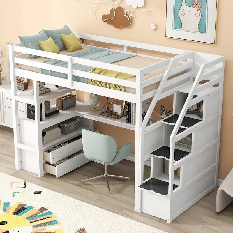 Cama alta tipo loft de madera de pino con escritorio, cajones y escaleras de almacenamiento