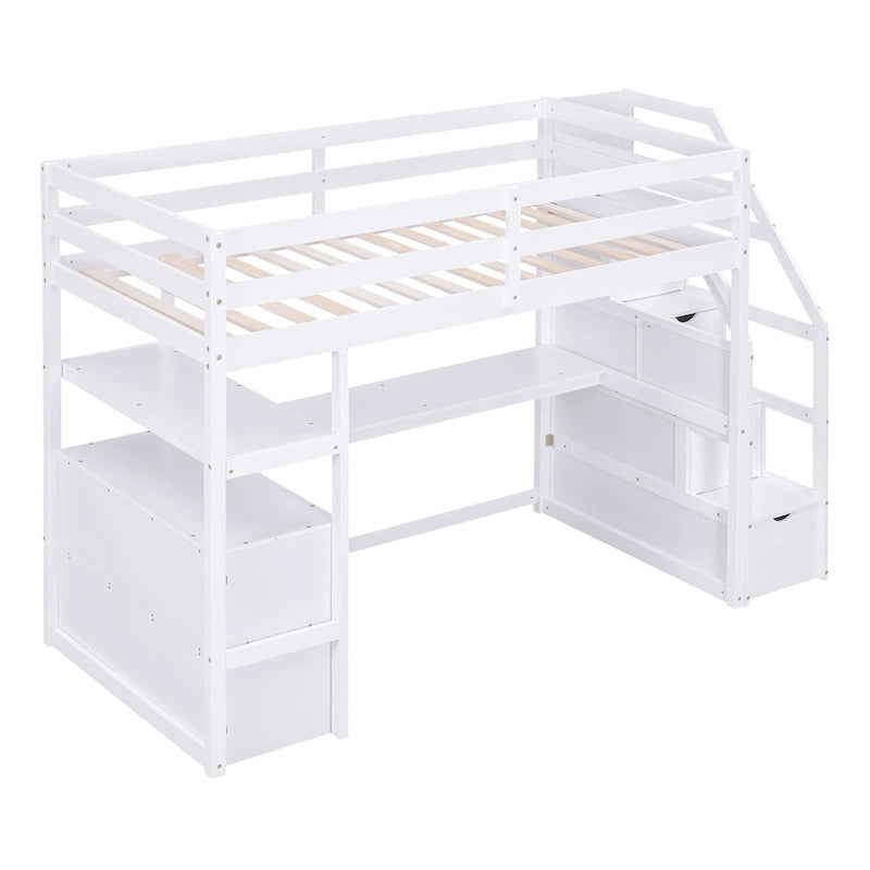 Cama alta tipo loft de madera de pino con escritorio, cajones y escaleras de almacenamiento