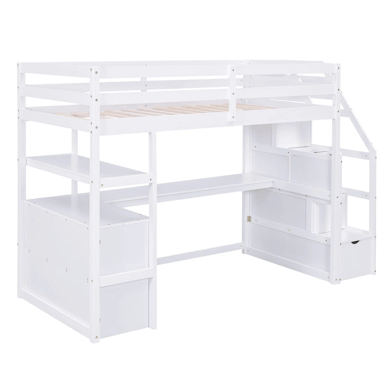 Cama alta tipo loft de madera de pino con escritorio, cajones y escaleras de almacenamiento