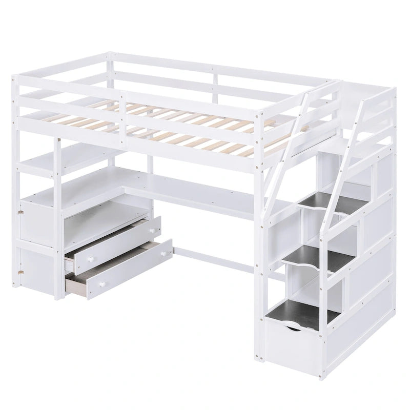 Cama alta tipo loft de madera de pino con escritorio, cajones y escaleras de almacenamiento