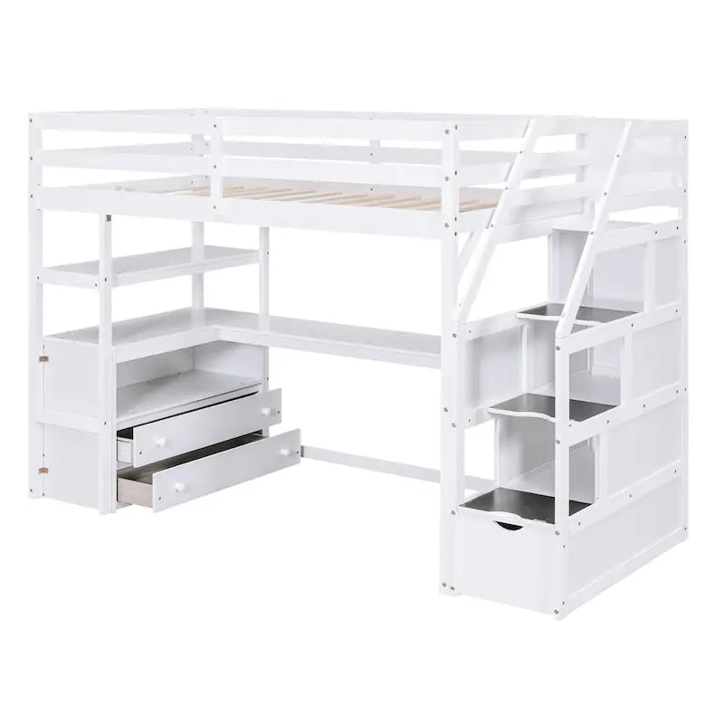 Cama alta tipo loft de madera de pino con escritorio, cajones y escaleras de almacenamiento