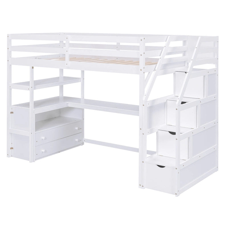 Cama alta tipo loft de madera de pino con escritorio, cajones y escaleras de almacenamiento