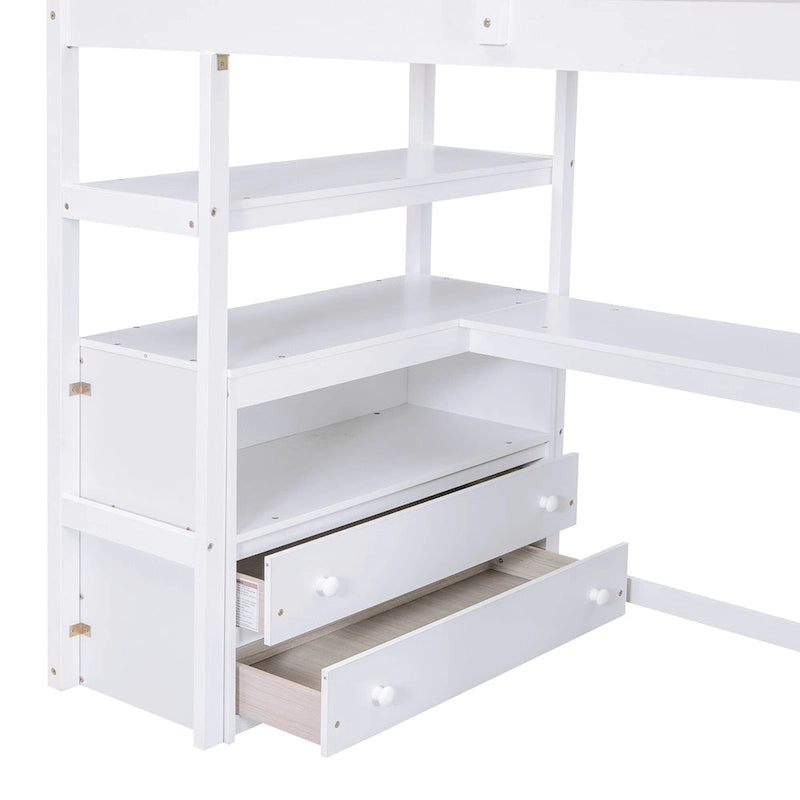 Cama alta tipo loft de madera de pino con escritorio, cajones y escaleras de almacenamiento