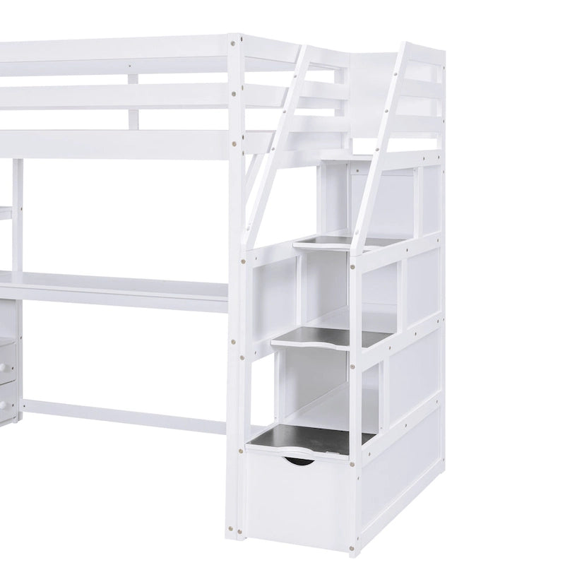 Cama alta tipo loft de madera de pino con escritorio, cajones y escaleras de almacenamiento