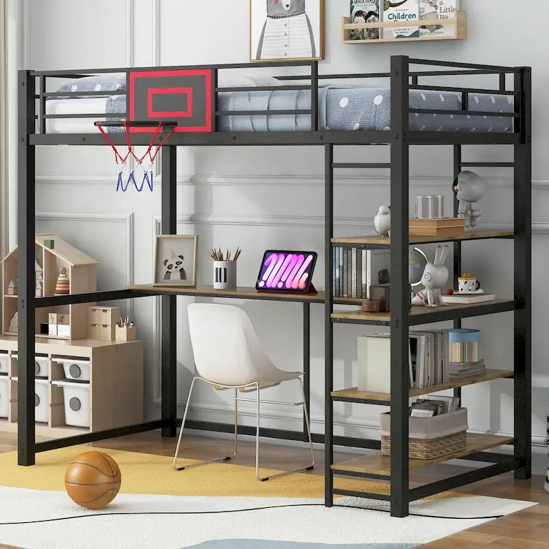 Cama alta tipo loft moderna de metal negro con escritorio y estantes integrados