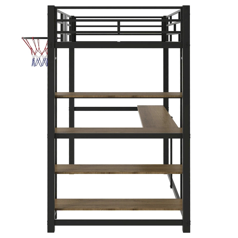 Metal Loft Bed with Basketball hoop,Shelves and Desk,Twin Size