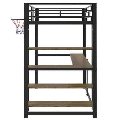 Metal Loft Bed with Basketball hoop,Shelves and Desk,Twin Size