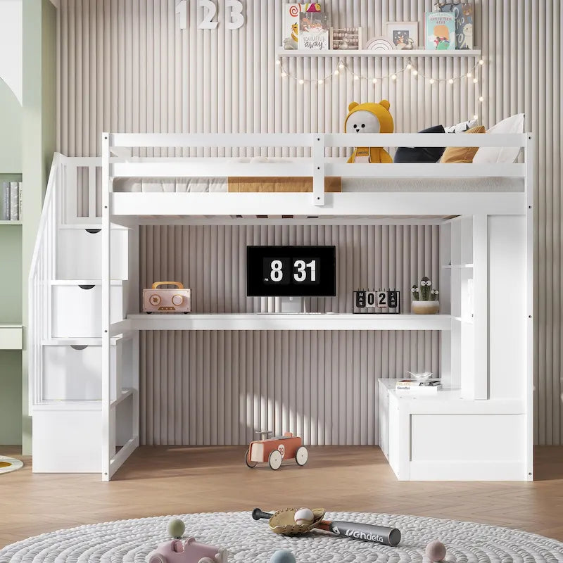 Estructura de cama alta de madera de pino moderna con escalera de almacenamiento integrada