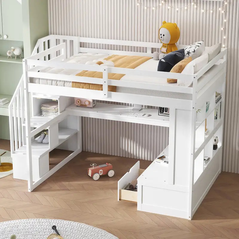 Estructura de cama alta de madera de pino moderna con escalera de almacenamiento integrada