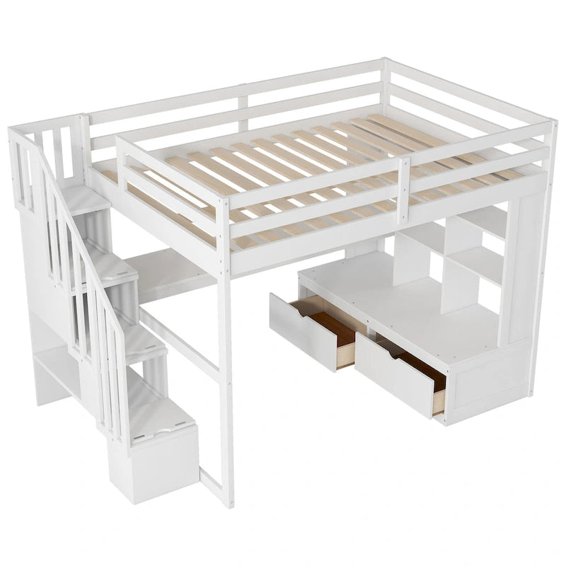 Estructura de cama alta de madera de pino moderna con escalera de almacenamiento integrada